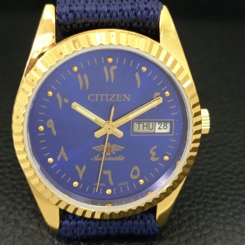 Vintage 1983 Citizen Automatic Mens Gold Watch W/daydate & Blue accents